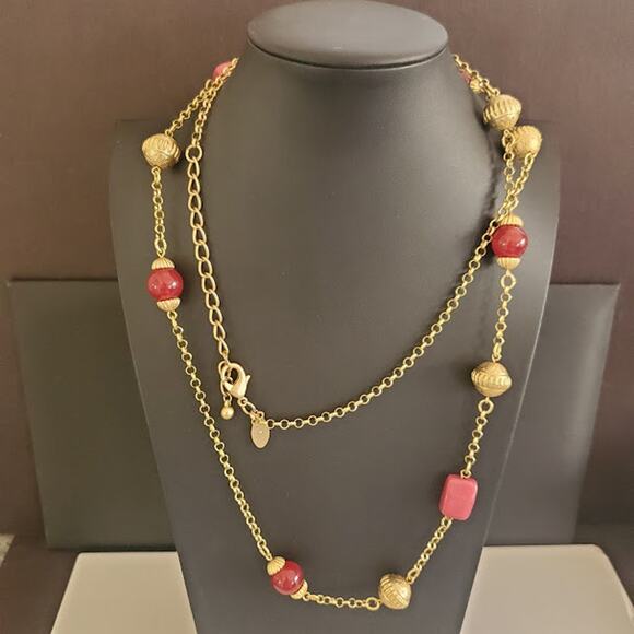 Chico's Long Necklace Gold Tone‎ with Burgandy and Pink Beads Gold Tone Baubles - Picture 1 of 8